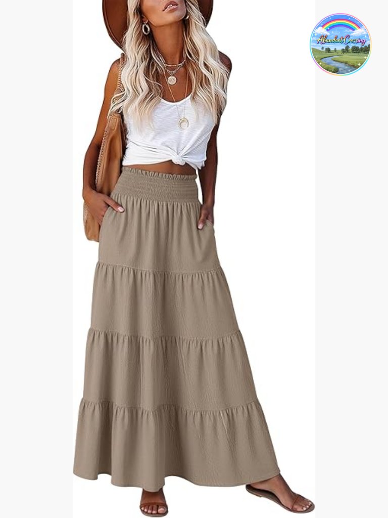 Elastic High Waist A-Line Tiered Maxi Skirt Flowy Boho Casual Summer